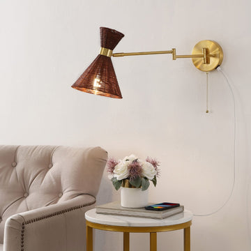 Lily 25" 1-Light Mid-Century Vintage Retro Rattan/Metal USB Charging Swing Arm LED Sconce with Pull Chain - JONATHAN Y